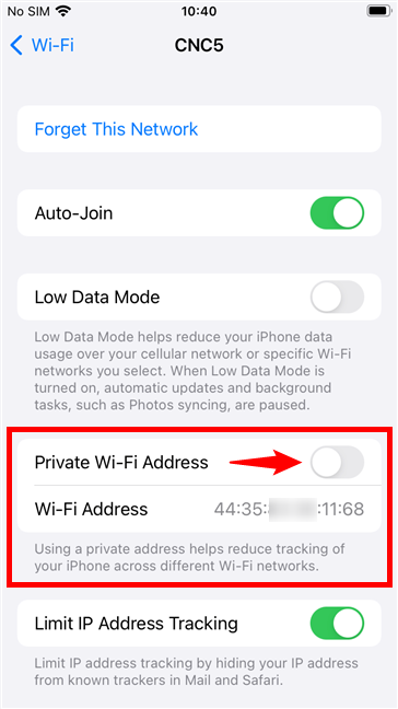MAC address spoofing was disabled on an iPhone