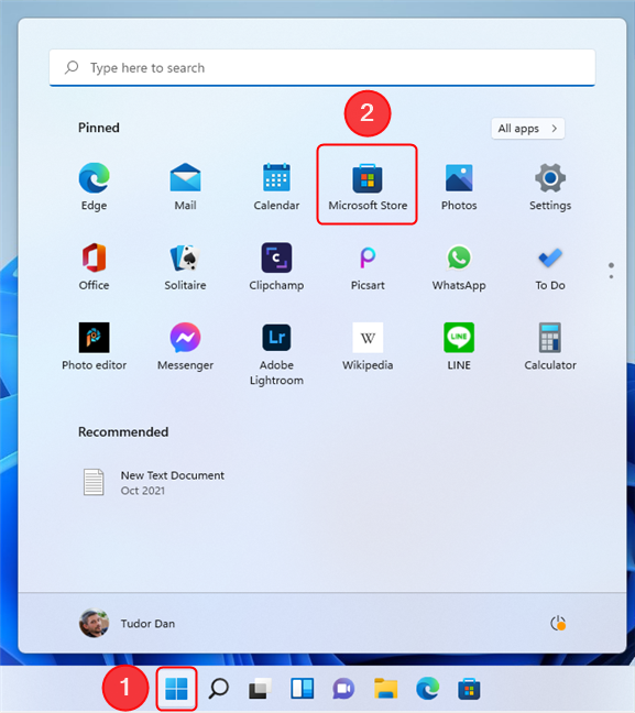 A shortcut to the Microsoft Store is pinned to the Start Menu in Windows 11