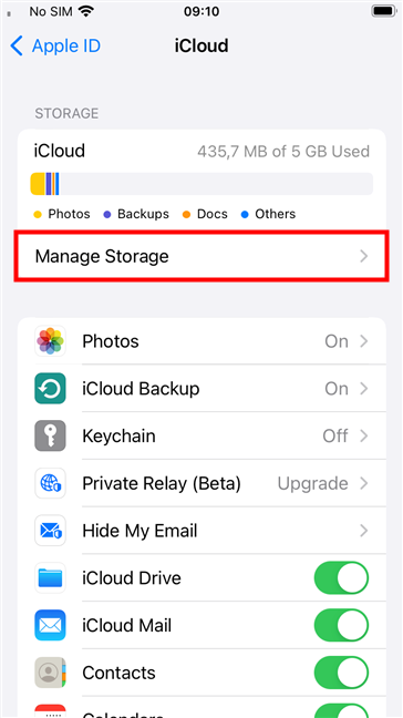 Enter Manage Storage on an iPhone's iCloud page