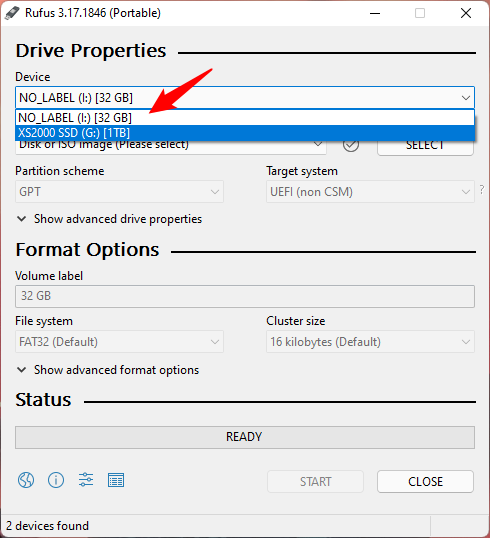 Connect and select the USB drive for Windows 11