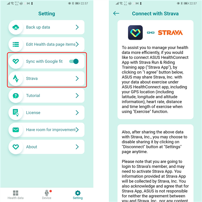 ASUS HealthConnect can share its data with Google Fit and Strava