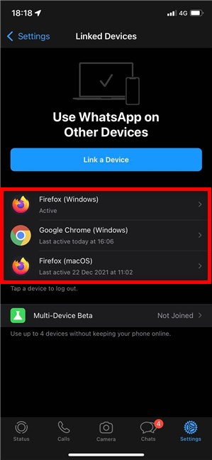 Tap on the device you want to disconnect from WhatsApp