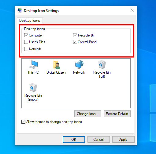 Select the icons you want displayed on the Windows 10 desktop