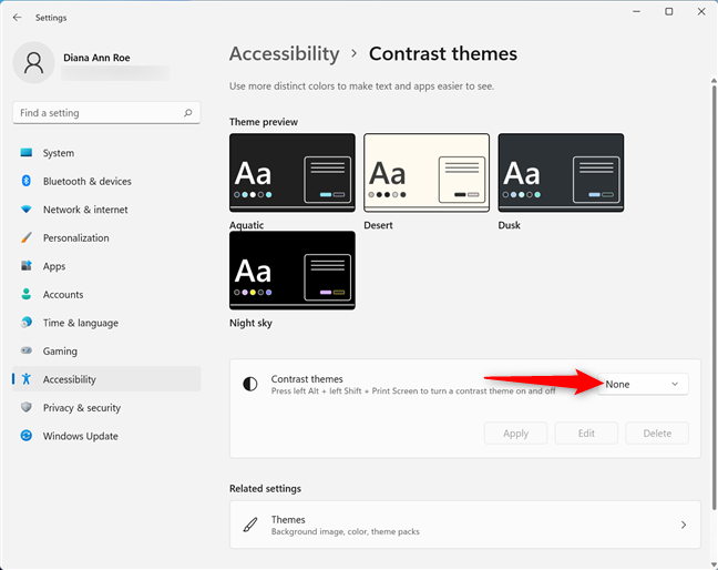Click or tap on the box next to Contrast themes