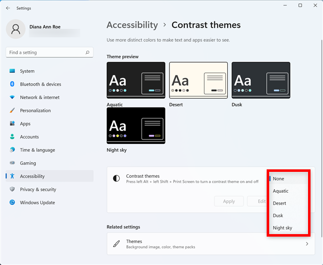 Select the Contrast theme you want to use