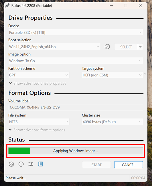 Rufus installs Windows on the USB drive (Windows To Go)
