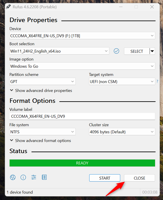 The Windows To Go drive is ready
