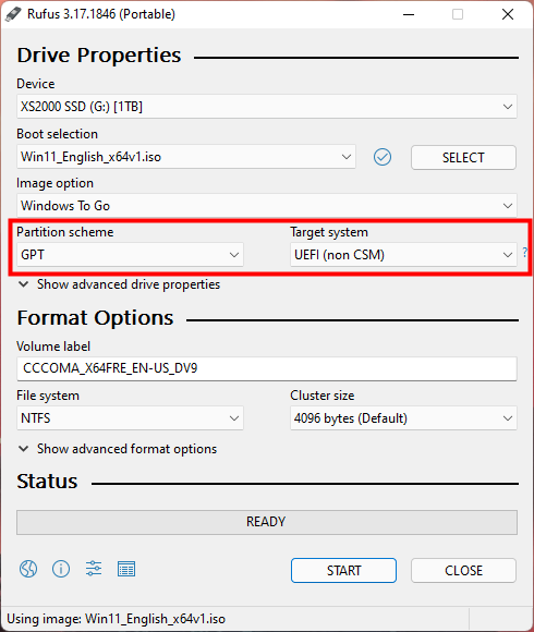 In Rufus, choose to create a Windows To Go drive