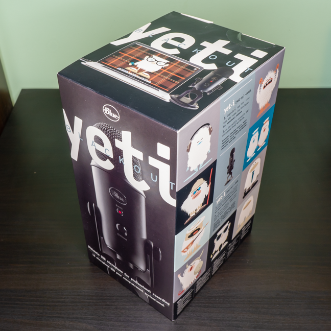 The packaging for the Blue Yeti microphone is eye-catching