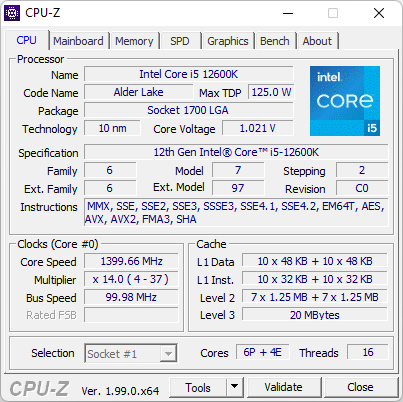 Details about the Intel Core i5-12600K shown by CPU-Z