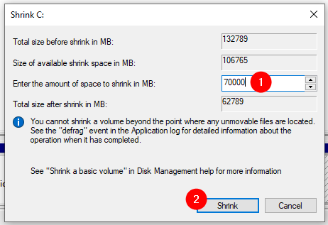 Specifying the size to shrink the Windows 10 partition