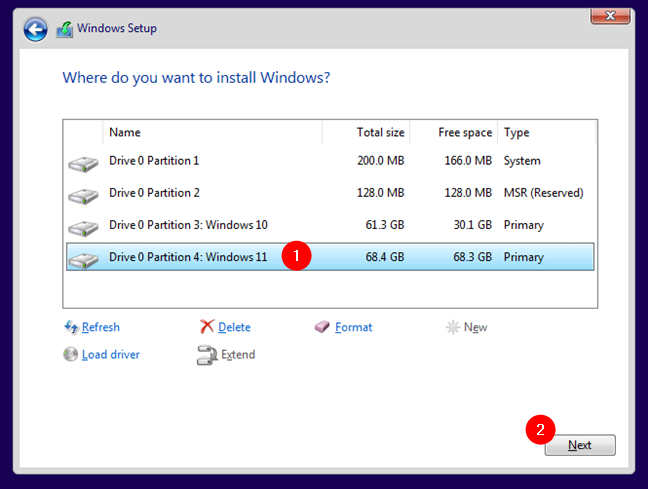 Selecting the Windows 11 partition