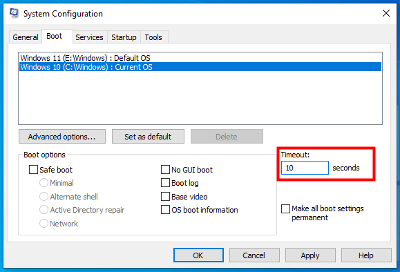 Choose the timeout for the boot loader