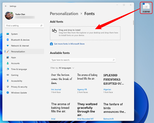 Drag and drop a font file onto the Fonts page to install it