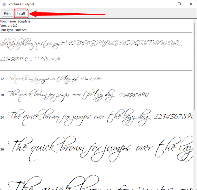 Install a font in Windows from the font preview window