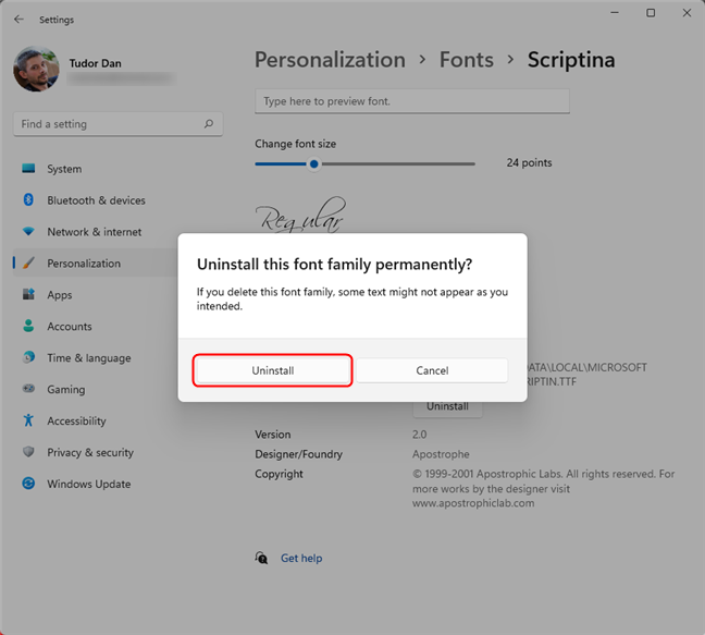 Confirm to uninstall a font in Windows 11
