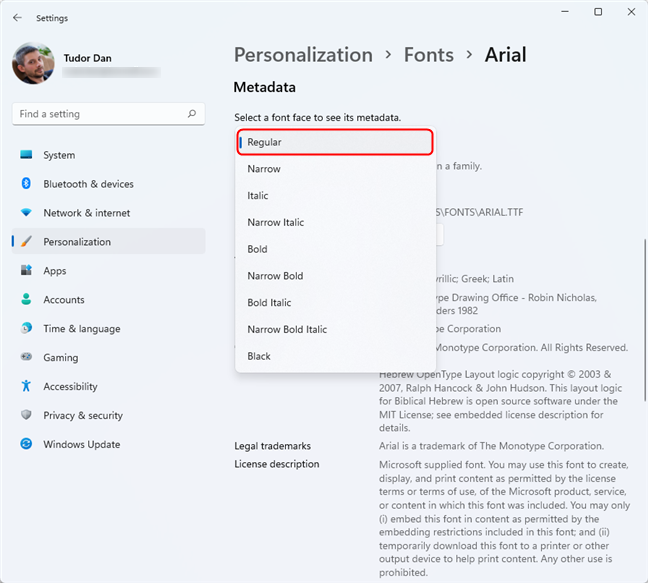Font details in the Windows 11 Settings