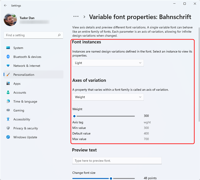 Variable font properties in Windows 11