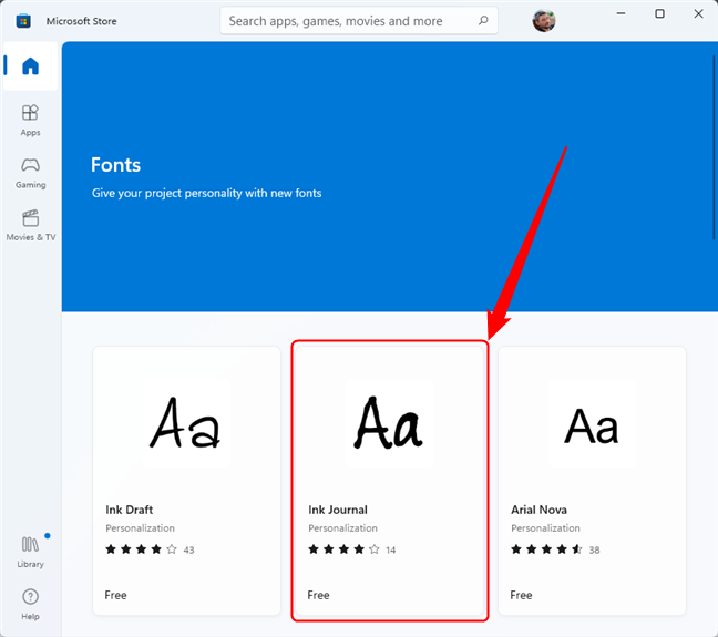 The Fonts section in the Microsoft Store