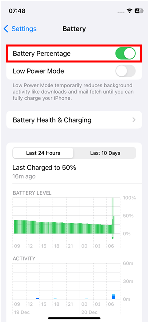 Turn on the Battery Percentage switch