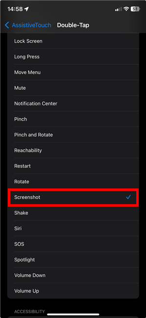 Select the Screenshot option by tapping on it