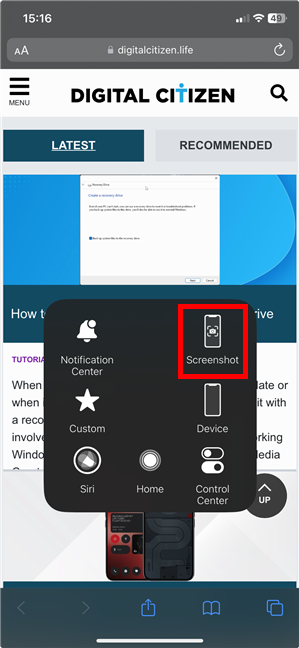 How to screenshot on iPhone using the AssistiveTouch Top Level Menu