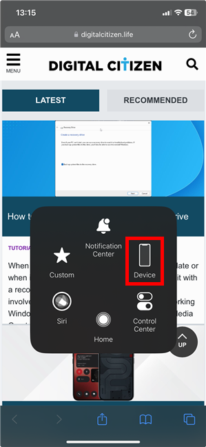 Access Device in the AssistiveTouch menu