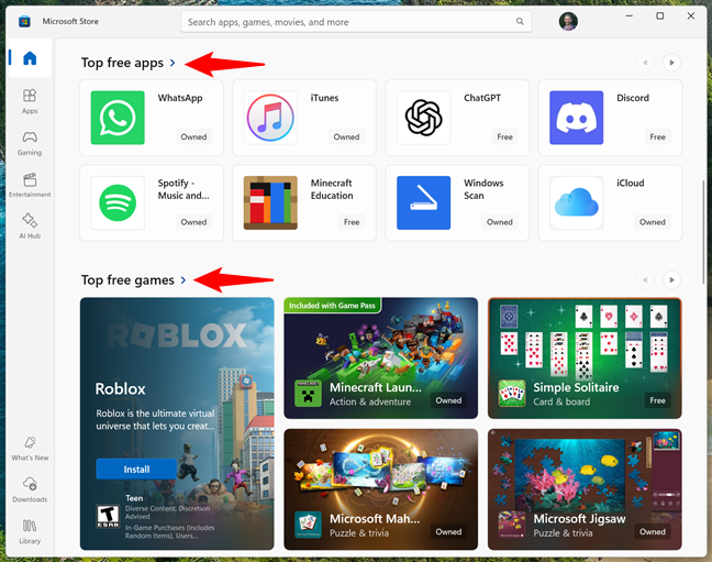 Each category usually has a Top free section