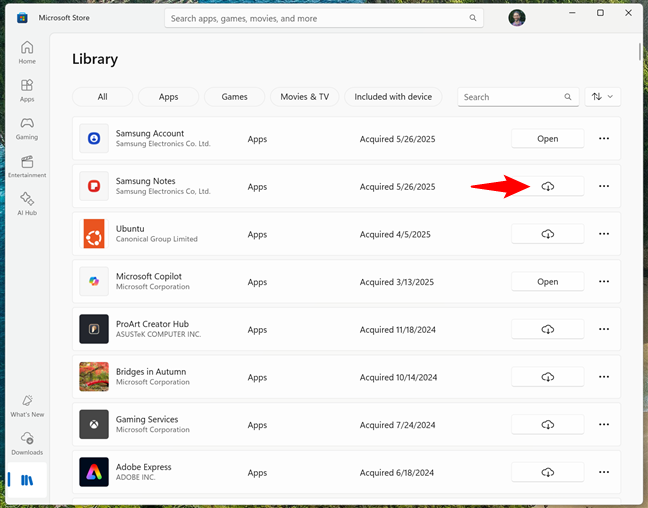 Download previously acquired apps and games in the Microsoft Store