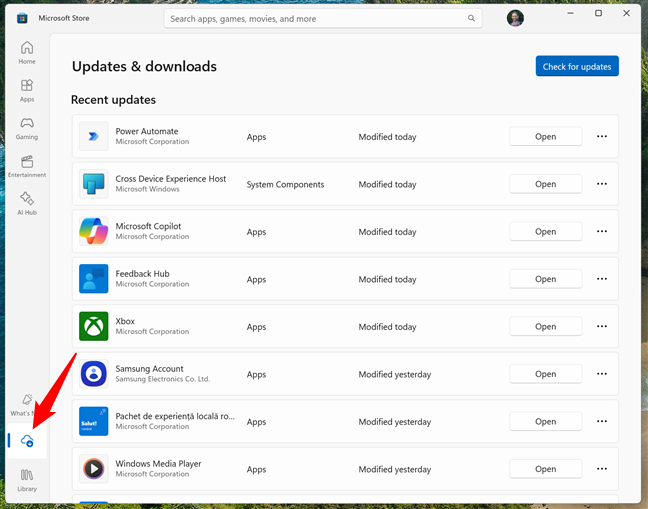 Access the Updates & downloads section in Microsoft Store