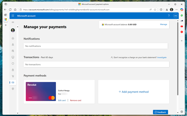 The payment settings page opens in your default browser