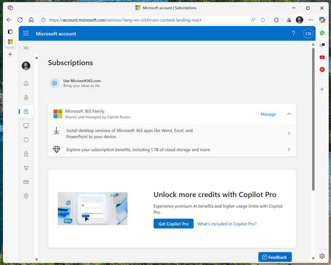 The Subscriptions page in the Microsoft account