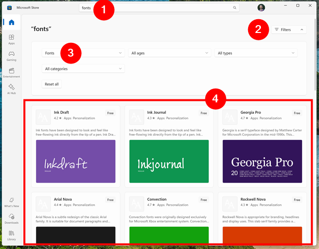 Finding fonts in Microsoft Store