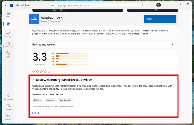 AI-created review for an app in Microsoft Store