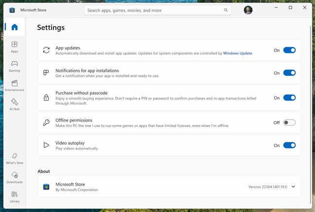 Only a few settings are available for the Microsoft Store app