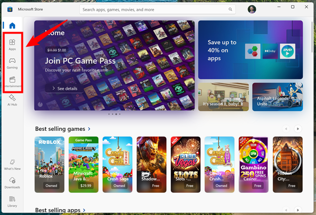 The main categories on the left sidebar