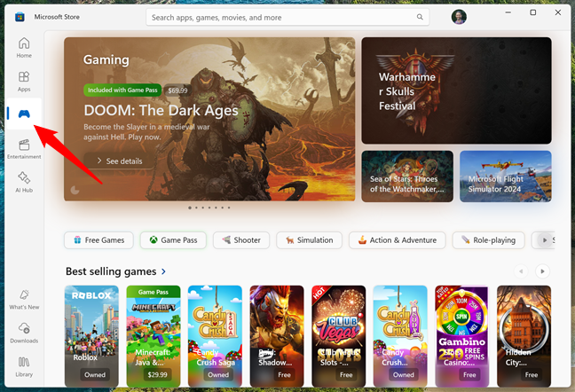 The Gaming section Microsoft Store