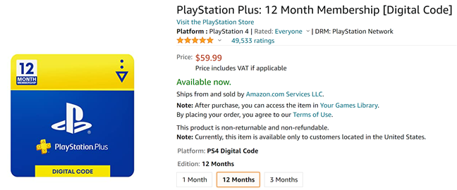 PSN Card 12 Month  PlayStation Plus US digital for PlayStation 3,  PlayStation 4, PlayStation 5