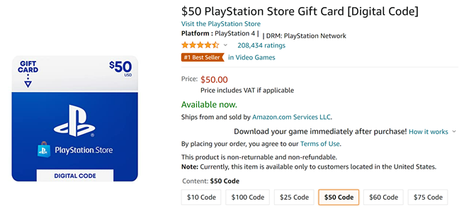 Buy a PlayStation Gift Card from Amazon