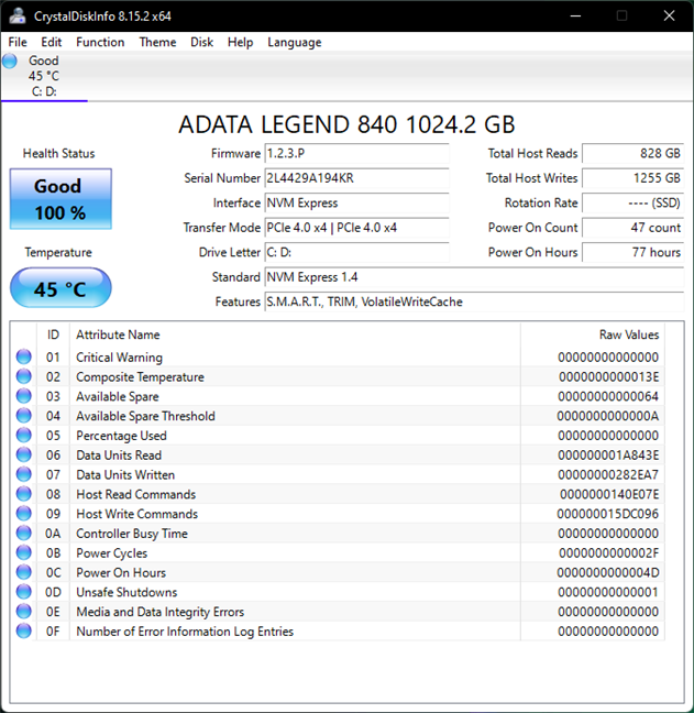 Information about the ADATA Legend 840 SSD