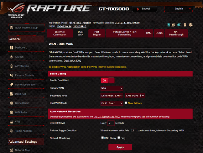 ASUS ROG Rapture GT-AX6000 offers Dual WAN