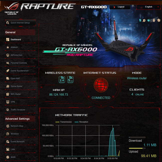 The admin user interface for ASUS ROG Rapture GT-AX6000