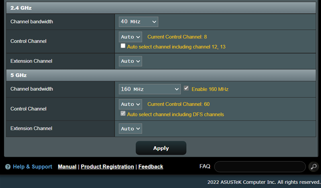 Set the Channel bandwidth, Control channel, and Extension channel