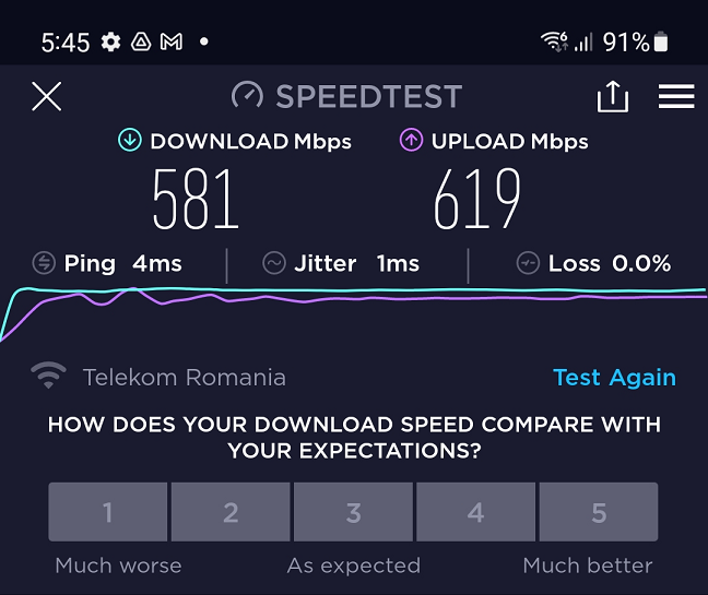 Wi-Fi speeds obtained by the Samsung Galaxy S21 FE 5G over Wi-Fi 6 in a 1Gbps network