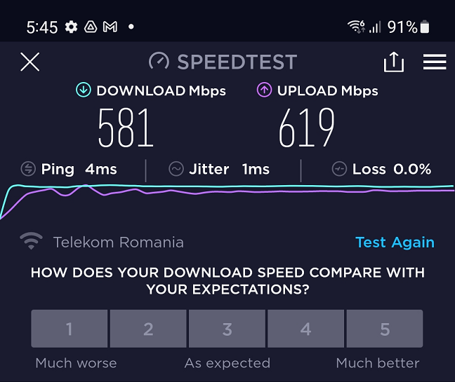 Wi-Fi speeds obtained by the Samsung Galaxy S21 FE 5G over Wi-Fi 6 in a 1Gbps network 