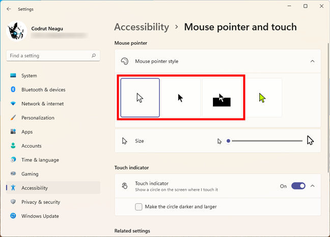 The first three mouse pointer styles are predefined