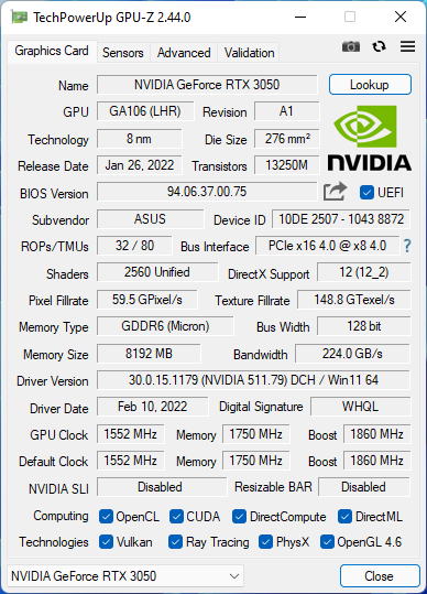 GPU-Z - Details about the ASUS ROG Strix GeForce RTX 3050