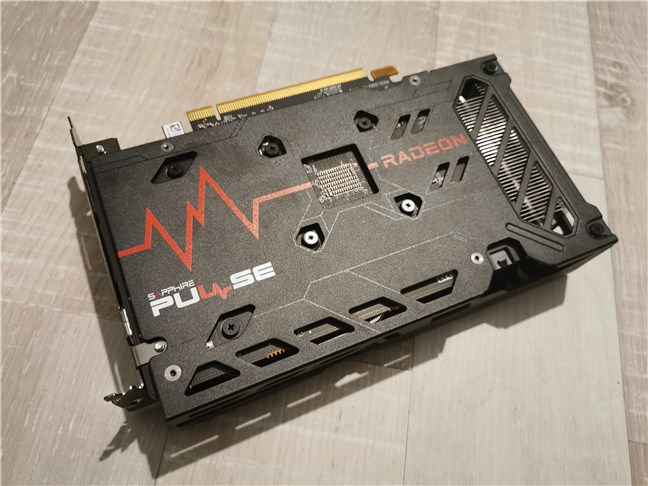 The metal backplate of the Sapphire Pulse AMD Radeon RX 6500 XT