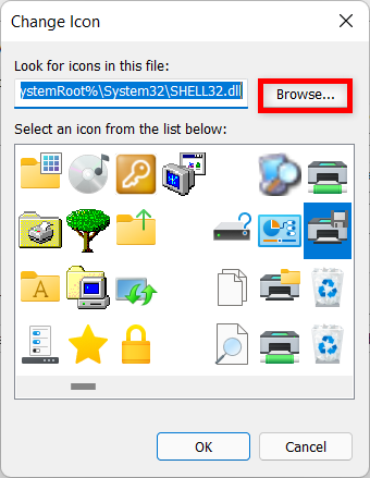 You can Browse to find the file for the icon you want