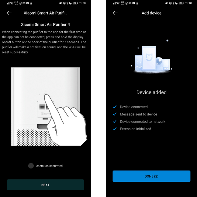 The Xiaomi Home app guides the user in the initial setup process